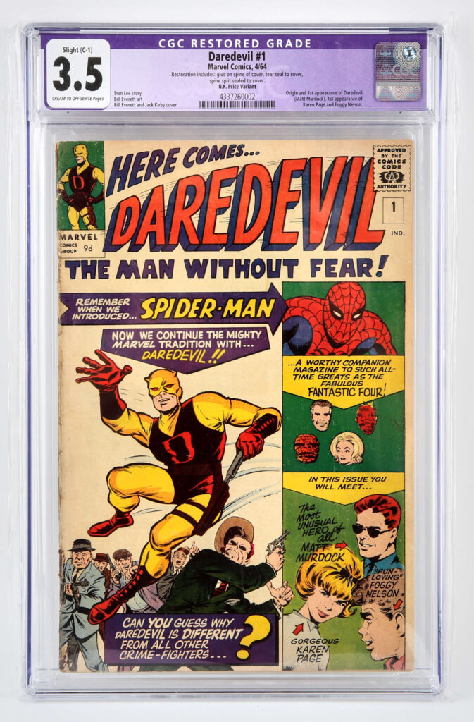 Rare and tatty comic books, some up to 60 years old, set for auction in Woking, Surrey, with estimates up to £800 each, including first-ever Marvel comic featuring Daredevil.