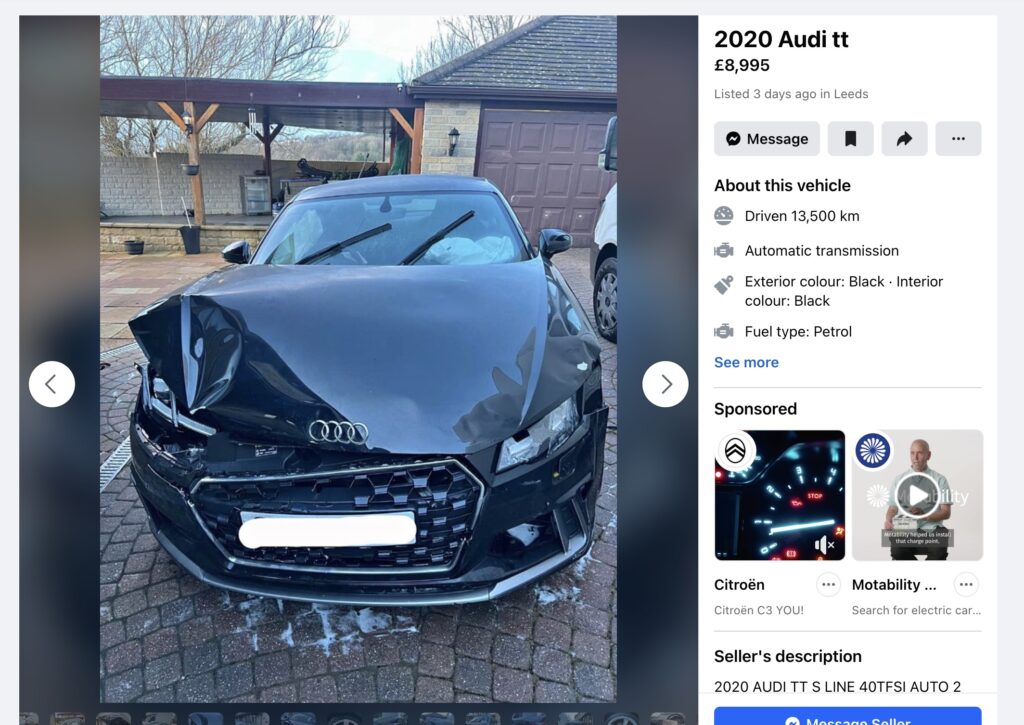 For Sale: 2020 Audi TT at £9,000, But Requires Repairs. With Just 13,000 Miles, it's a Bargain for Those Handy with a Wrench.