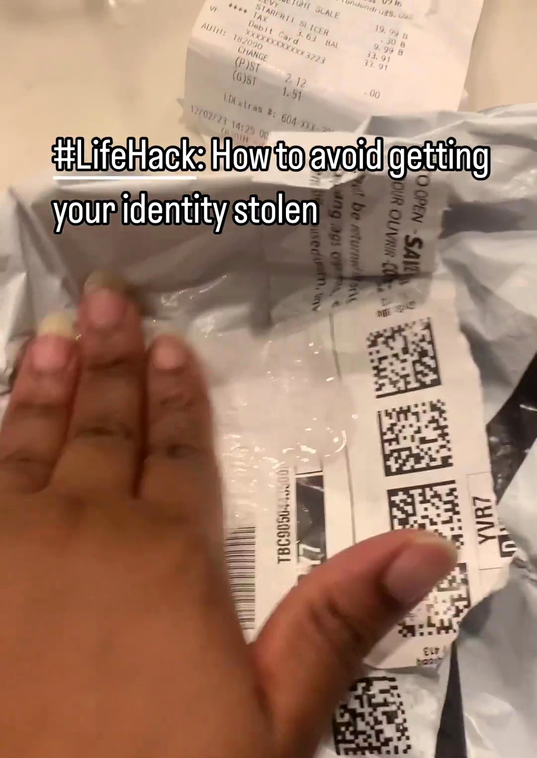 Woman shares hand sanitizer trick to prevent identity theft. Scrubbing ink from mail makes personal info invisible. Video goes viral with 15M views.