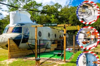 A Chinook CH-47D helicopter, recognized by a veteran, has been transformed into a one-of-a-kind guesthouse. Complete with two bedrooms, a fully-stocked kitchen, and original features, it offers a unique getaway in Florida's Withlacoochee State Forest.