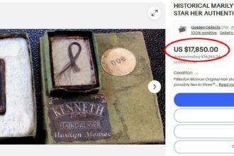 Lock of Marilyn Monroe’s hair for sale on eBay, crafted by her hairdresser Kenneth Battelle, priced at £14,000. Rare relic includes 30 strands, encased in a metal frame within glass, with accompanying photo and logo. Listed by Heritage Historics, it's a unique piece of Hollywood history.