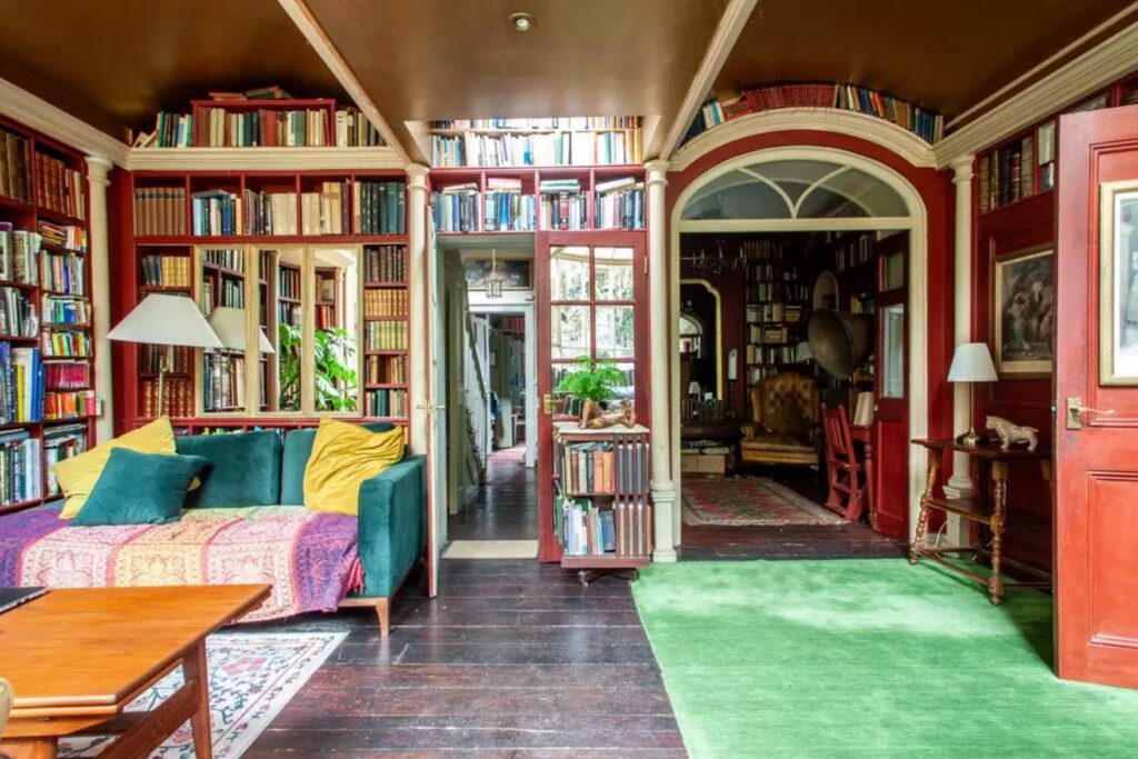 Grade-II Listed home in Bristol on sale for £990,000, featuring floor-to-ceiling bookshelves in every room except the toilet.
