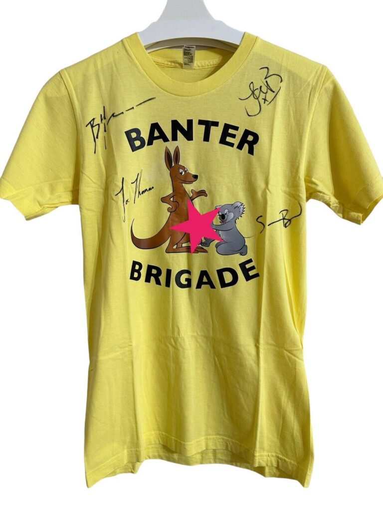 A prop Inbetweeners T-shirt, worn by the cast in the hit movie, is up for auction at £1,500. Signed by the actors and producer, it features the iconic 'Banter Brigade' print and a cheeky message.