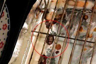 Man cooking Scottish fry-up spots Lionel Richie's face in grill grease. Hilarious twist on breakfast prep catches attention.