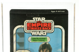 Vintage Luke Skywalker and Han Solo toys, sealed in original packaging, are up for auction, each expected to fetch £12,000. Also included are a Yak Face figure and a Jawa toy with a vinyl cape, among other Star Wars memorabilia.