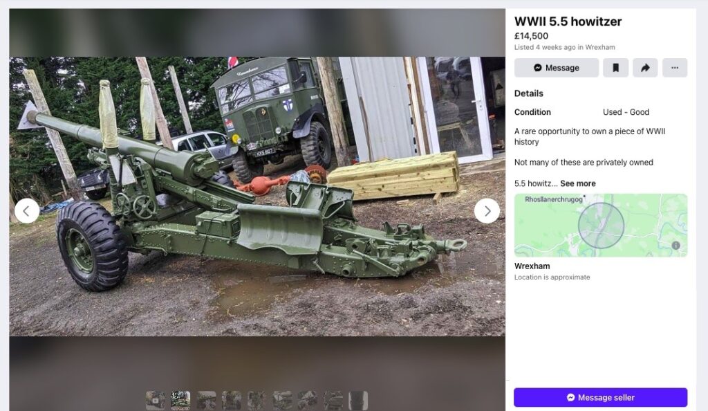 Man selling World War II artillery on Facebook Marketplace for £14,500. Rare opportunity to own British history, says seller. Transport can be arranged.