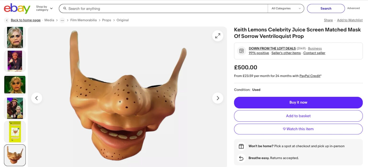 Own a piece of TV history! The iconic Mask of Sorrow from Celebrity Juice, worn by stars like Fern Cotton and Holly Willoughby, is up for grabs on eBay for £500.