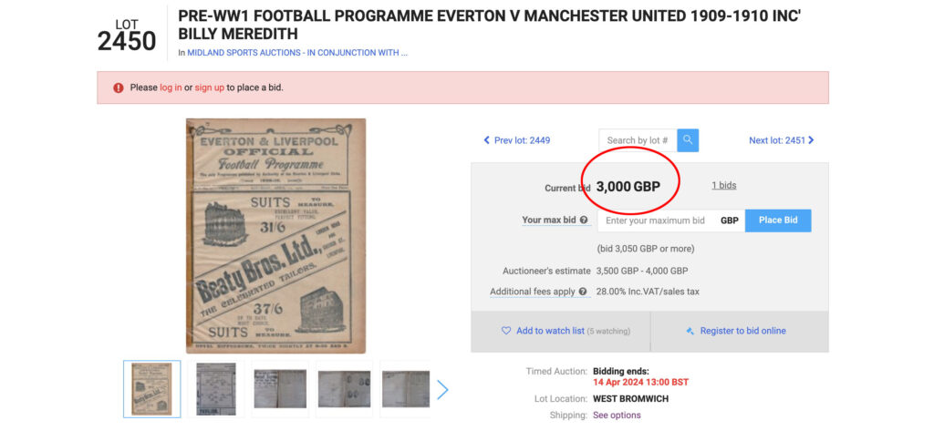 Rare sports memorabilia auction includes vintage football programmes, with bids up to £4,500. Items span football, cricket, and boxing, set for April auction by Midlands Sports Auctions.