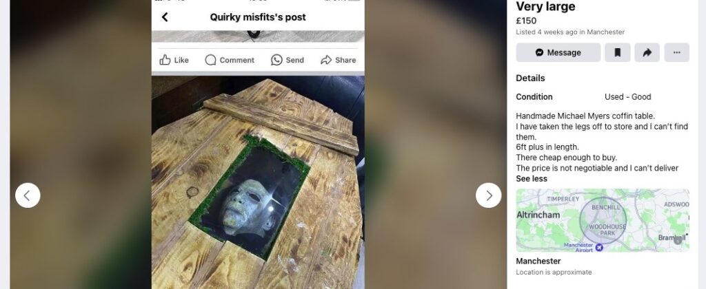 Get ready to spook your guests with a handmade coffin coffee table featuring Michael Myers' face, available on Facebook Marketplace for £150. Standing over 6ft long, it's a bargain compared to cardboard coffins sold elsewhere. Collection in Manchester, but be prepared for some terrified visitors!