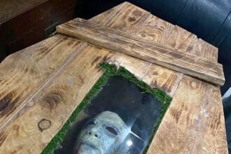 Get ready to spook your guests with a handmade coffin coffee table featuring Michael Myers' face, available on Facebook Marketplace for £150. Standing over 6ft long, it's a bargain compared to cardboard coffins sold elsewhere. Collection in Manchester, but be prepared for some terrified visitors!