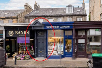 Unassuming shopfront conceals luxurious Georgian townhouse in Stockbridge, Edinburgh. Priced at £1.2m, it boasts 4 bedrooms, 2 bathrooms, elegant décor, and a private garden. Listed by Murray & Currie.