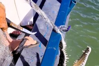 A fisherman's routine catch turned into a thrilling encounter when a crocodile latched onto his net in Queensland, Australia.