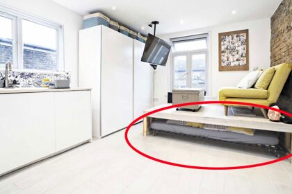A £1,499/month studio flat in Maida Vale, London, features a TV suspended from the ceiling and a bed hidden under the sofa, maximizing space with its unique design.