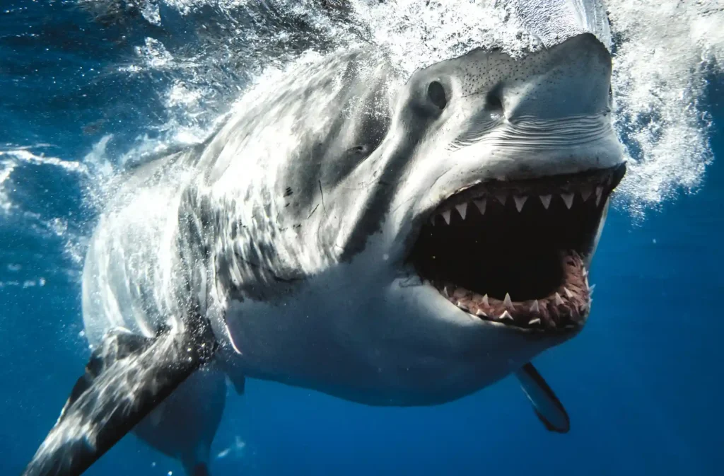 A daring photographer captures mesmerizing footage of a great white shark up close, revealing its razor-toothed jaws and battle scars in stunning detail.