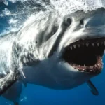 A daring photographer captures mesmerizing footage of a great white shark up close, revealing its razor-toothed jaws and battle scars in stunning detail.