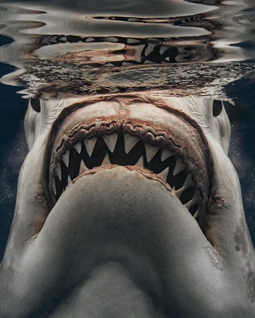 A daring photographer captures mesmerizing footage of a great white shark up close, revealing its razor-toothed jaws and battle scars in stunning detail.