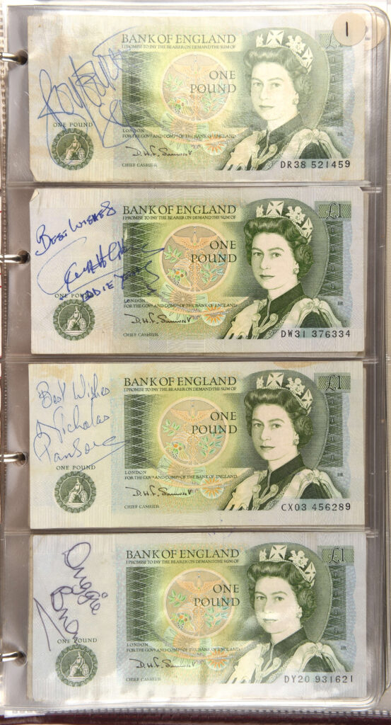 Rare collection of celebrity autographs on banknotes, gathered by London cabbies, set for auction with a guide price of up to £2,000.
