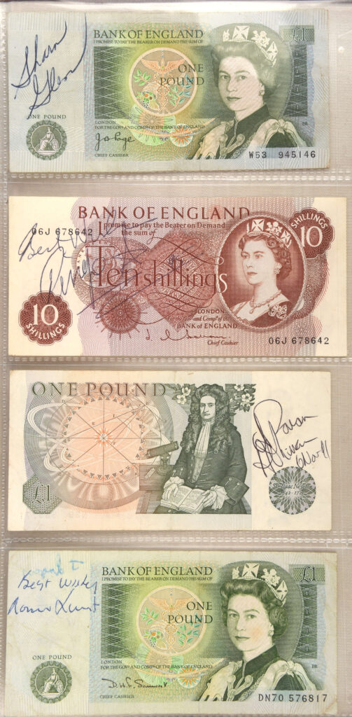 Rare collection of celebrity autographs on banknotes, gathered by London cabbies, set for auction with a guide price of up to £2,000.