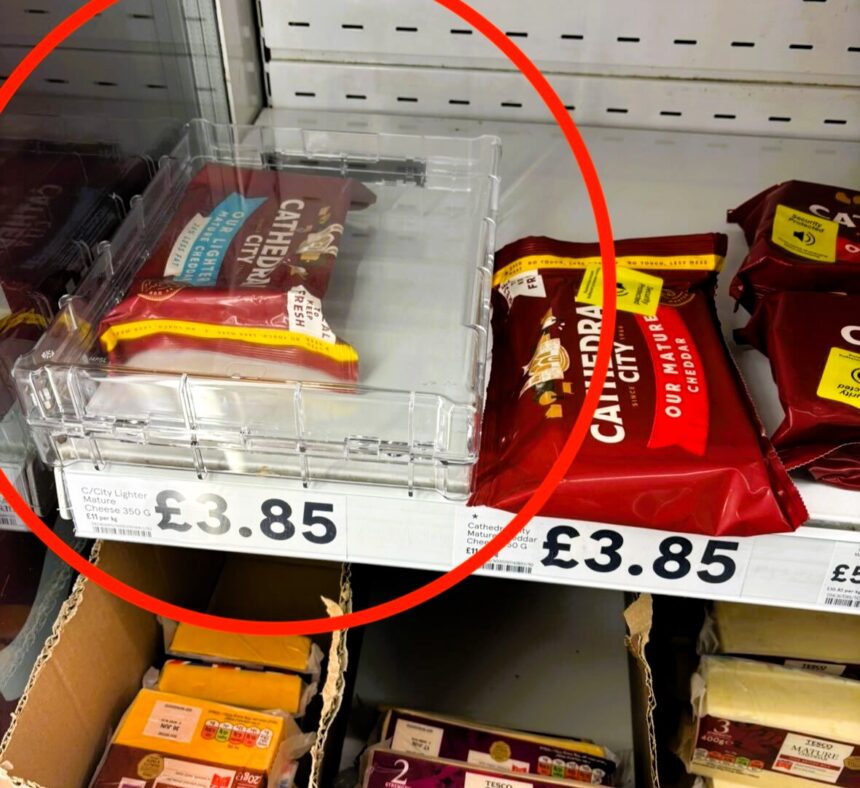 A Tesco customer was surprised to find a block of Cathedral City cheddar in a large security box, costing £3.85, amidst concerns over shoplifting during the cost-of-living crisis.