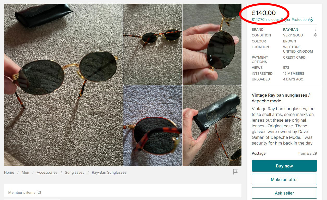 Depeche Mode lead singer Dave Gahan’s old Ray-Ban sunglasses are for sale for £140 on Vinted. Despite marks on the lenses, these vintage shades come with the original case.