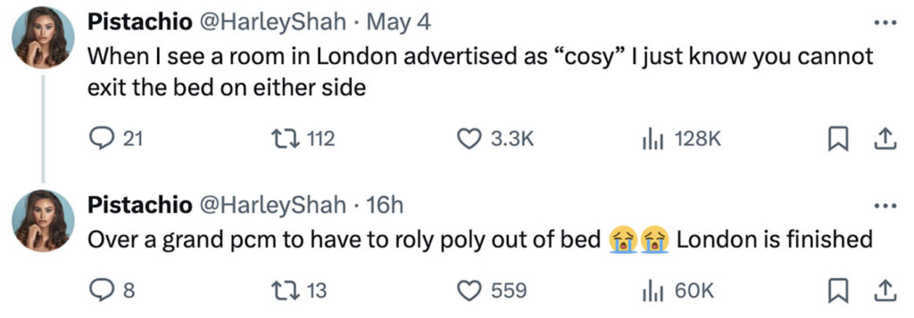 Social media comment on the post of Discover the shockingly high prices and compact living spaces of London's rental market, where even a "cosy" bedroom comes at a hefty cost.