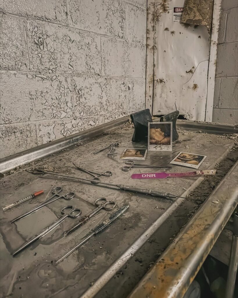 Urban explorer uncovers an abandoned funeral home in Illinois, revealing eerie remnants of past life, including human remains and embalming Polaroids.