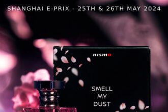 Nissan teases a new perfume, "smell my tyres," combining scents of tyre remnants and cherry blossom. Released in a 30ml pink bottle, it debuts at the Shanghai E-Prix on May 25, leaving fans intrigued.