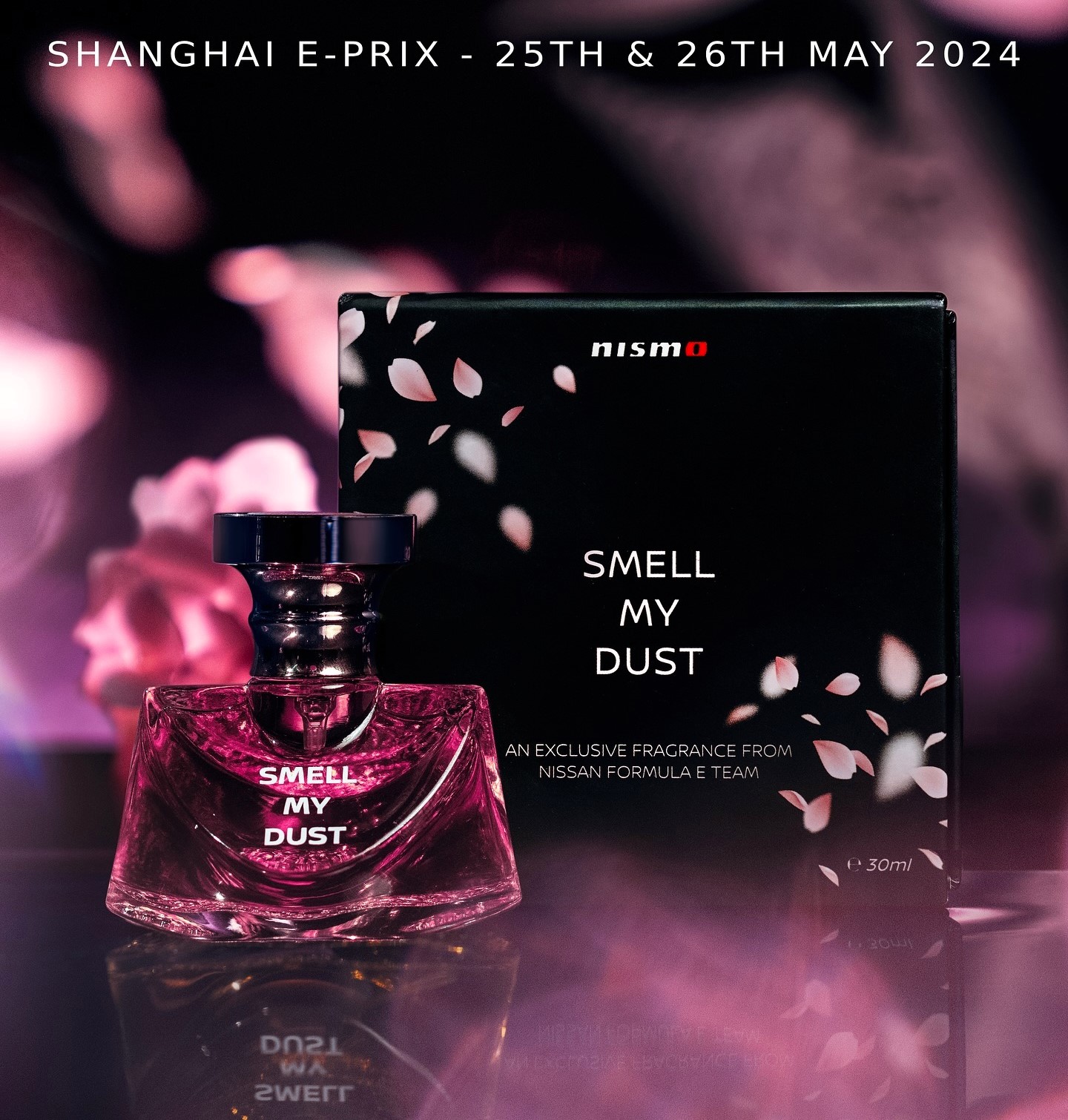 Nissan teases a new perfume, "smell my tyres," combining scents of tyre remnants and cherry blossom. Released in a 30ml pink bottle, it debuts at the Shanghai E-Prix on May 25, leaving fans intrigued.
