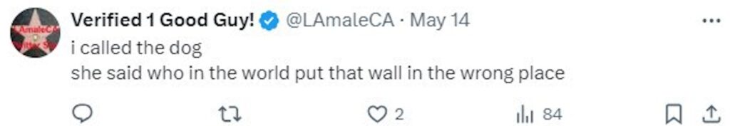 Social media comment on the post of Firefighters rescue trapped dog named Faye from inside wall at family's home near Los Angeles after two-hour ordeal.
