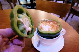 Café Shocks with Bell Pepper Latte on Menu in Kuala Lumpur. Kwong Cheung Loong Kopitiam Bar offers unique drinks like lattes soaked in bell peppers and macchiatos in oranges.