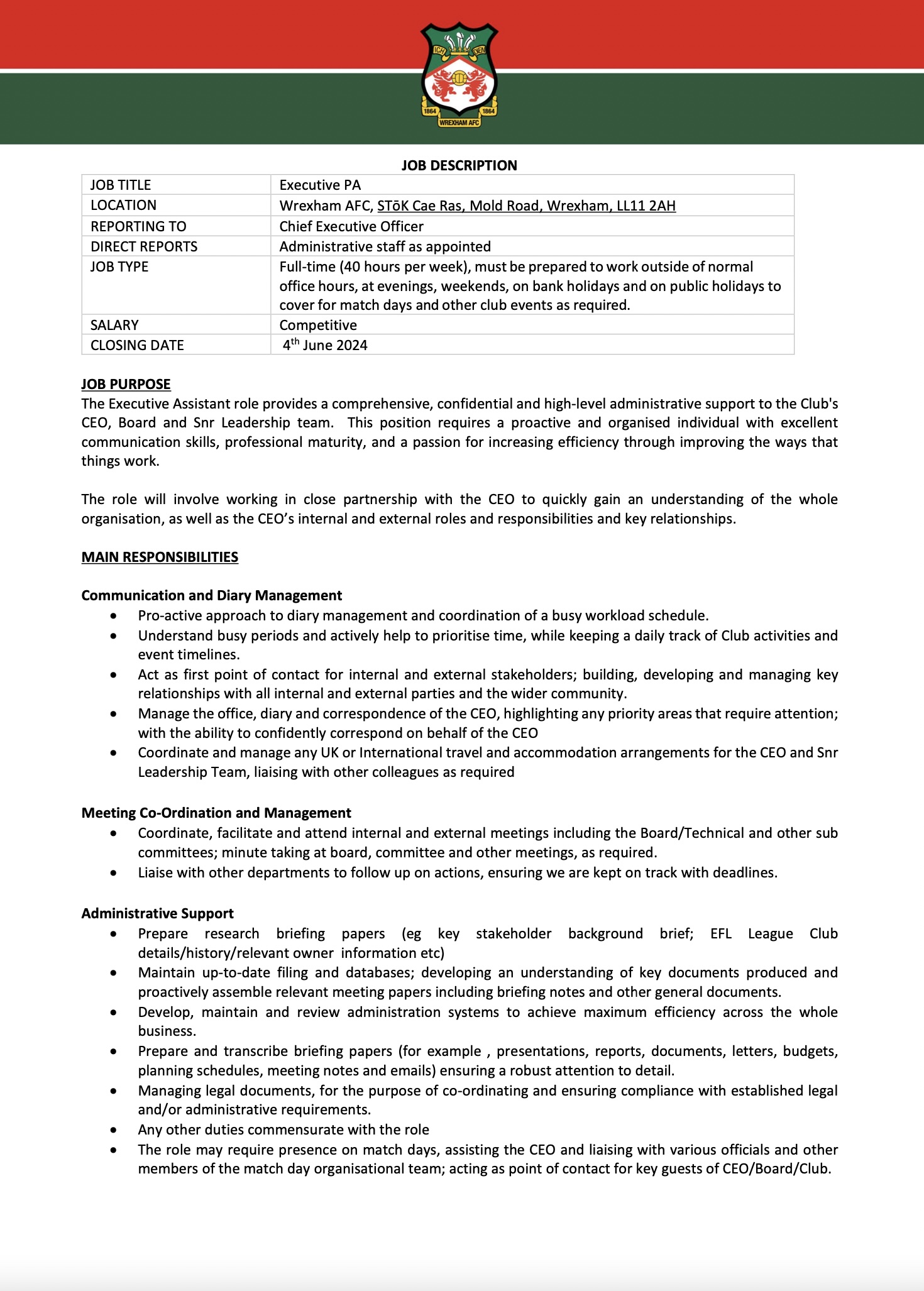 Hollywood stars Ryan Reynolds and Rob McElhenney seek a PA for Wrexham FC, offering £30k-£40k/year. The role includes travel planning, working outside office hours, and supporting the CEO and board.