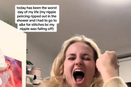 Woman's shower accident rips off half her nipple, goes viral on TikTok with 90,000 views. Despite the ordeal, she remains undeterred about future piercings.