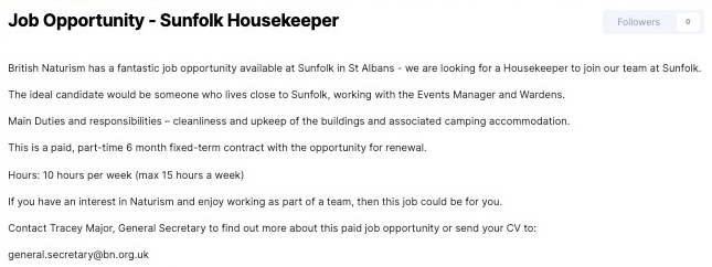 A naturist campsite in St Albans is hiring a housekeeper for a part-time, six-month role. Applicants must be comfortable around naked guests. Apply by June 10th.
