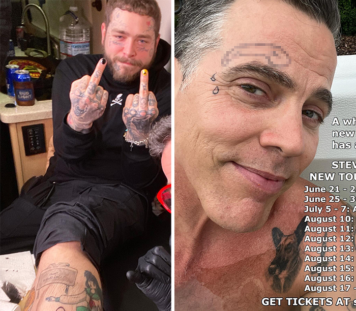 Jackass star Steve-O gets a face tattoo by Post Malone at Bonnaroo Music Festival to mark his 50th birthday. The shocking design has fans buzzing on Instagram!