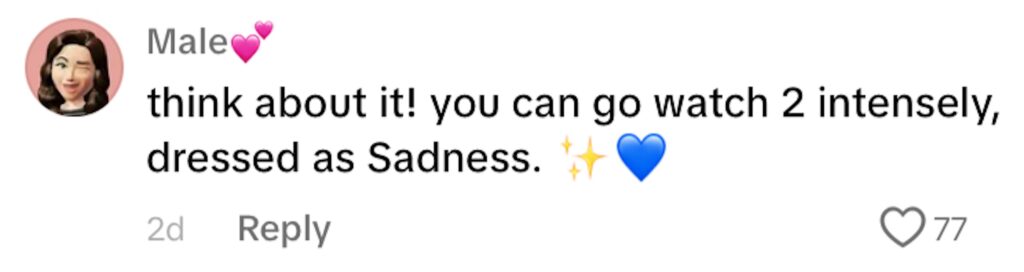 Social media comment on the post of A woman ends up resembling Sadness from Inside Out 2 after her at-home blue hair dye mishap goes viral on TikTok, amassing 32.1 million views and 3.1 million likes.