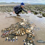 A five-foot-long alligator mosaic made from pebbles and shells by Leva and Dzindars Slare amazed beachgoers at Sandymere beach, Westward Ho!, Devon. Created in just five hours.