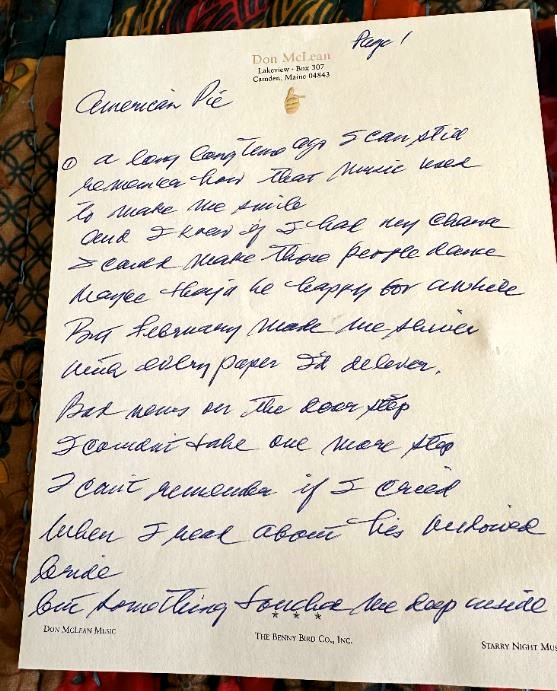 Autographed lyrics of Don McLean's "American Pie" for sale at £121,000. Handwritten on personal notepaper, this pop memorabilia piece promises future value.