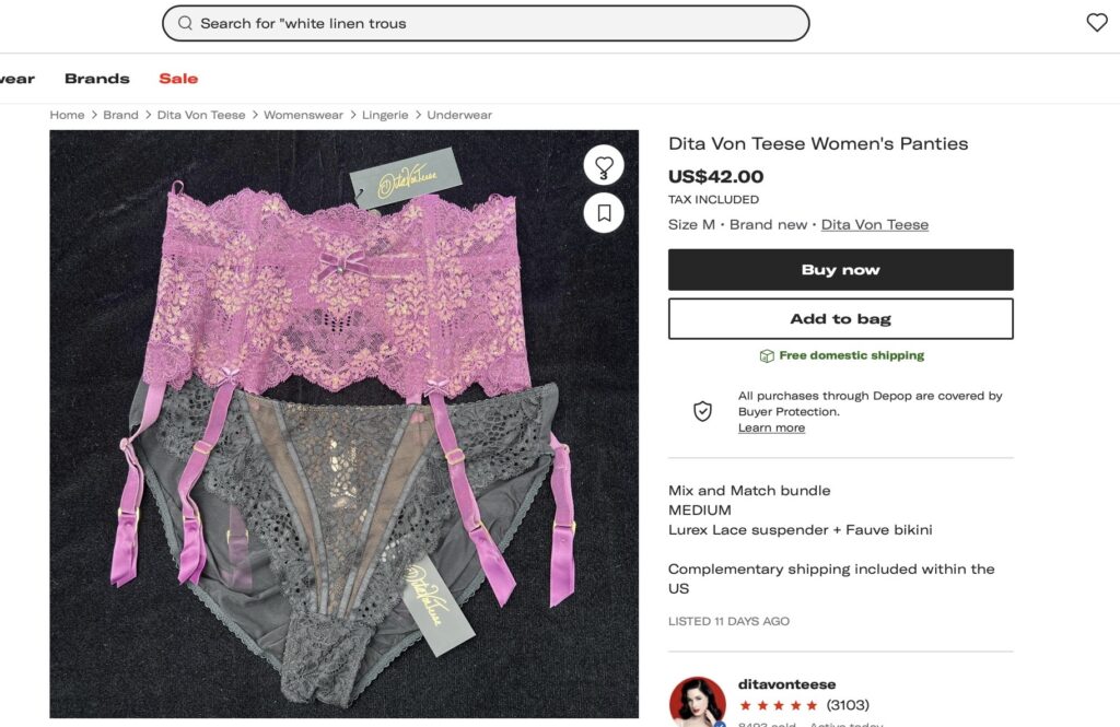 Burlesque star Dita Von Teese is selling her new, labeled lingerie on Depop, with prices ranging from £32 to £74. Items include bras, thongs, and suspenders, attracting satisfied customers.