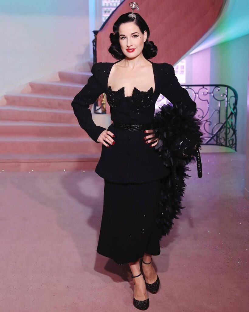 Burlesque star Dita Von Teese is selling her new, labeled lingerie on Depop, with prices ranging from £32 to £74. Items include bras, thongs, and suspenders, attracting satisfied customers.