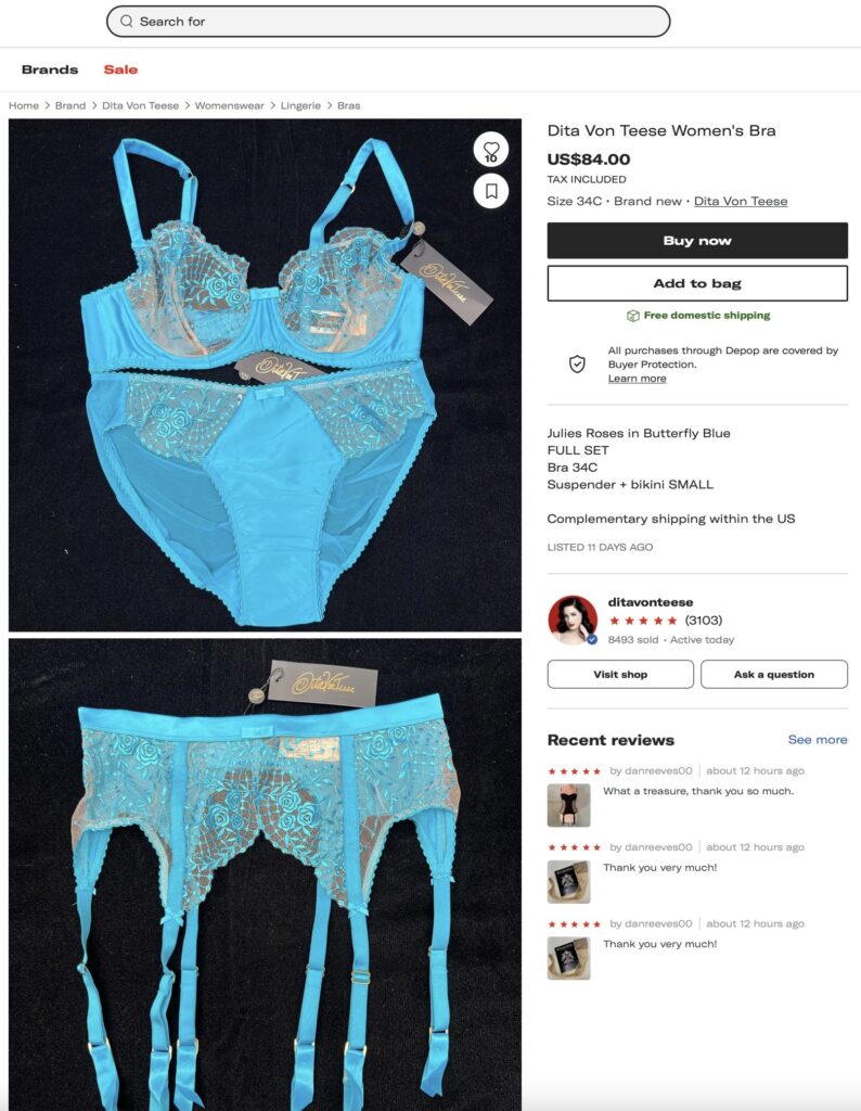 Burlesque star Dita Von Teese is selling her new, labeled lingerie on Depop, with prices ranging from £32 to £74. Items include bras, thongs, and suspenders, attracting satisfied customers.