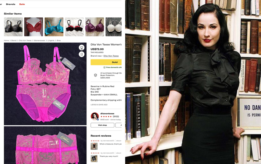 Burlesque star Dita Von Teese is selling her new, labeled lingerie on Depop, with prices ranging from £32 to £74. Items include bras, thongs, and suspenders, attracting satisfied customers.