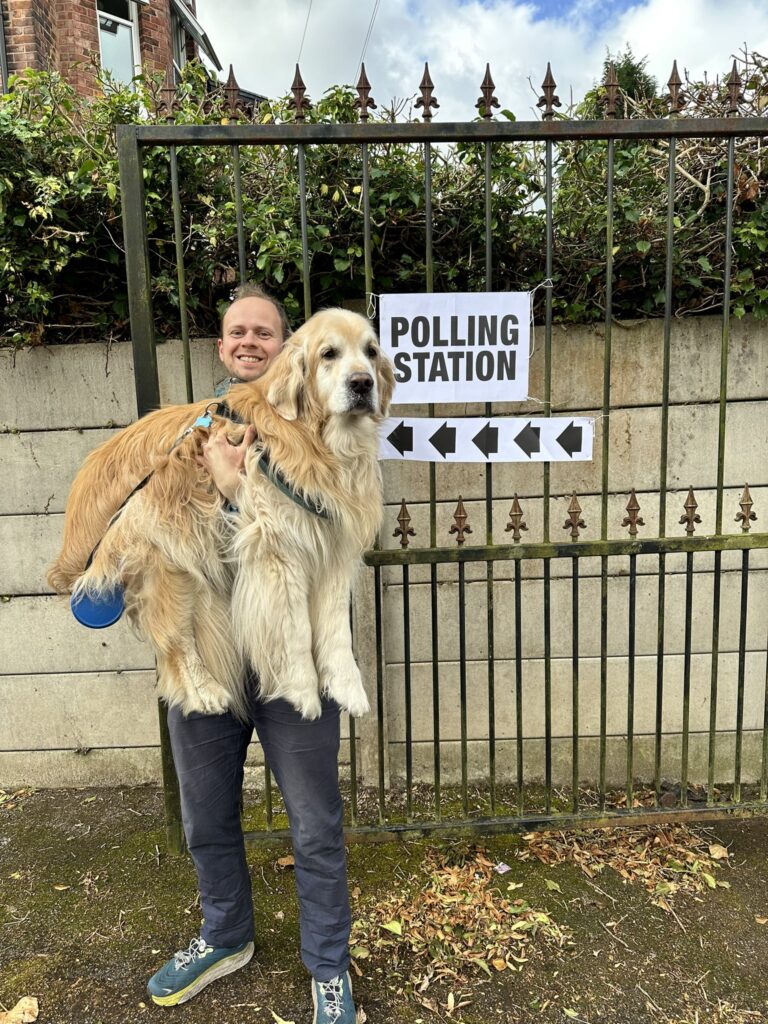 Dogs brought smiles at polling stations as owners like Pete Durrant with Toby and Anna Skipwith with Tilly shared adorable photos on social media, encouraging others to vote.