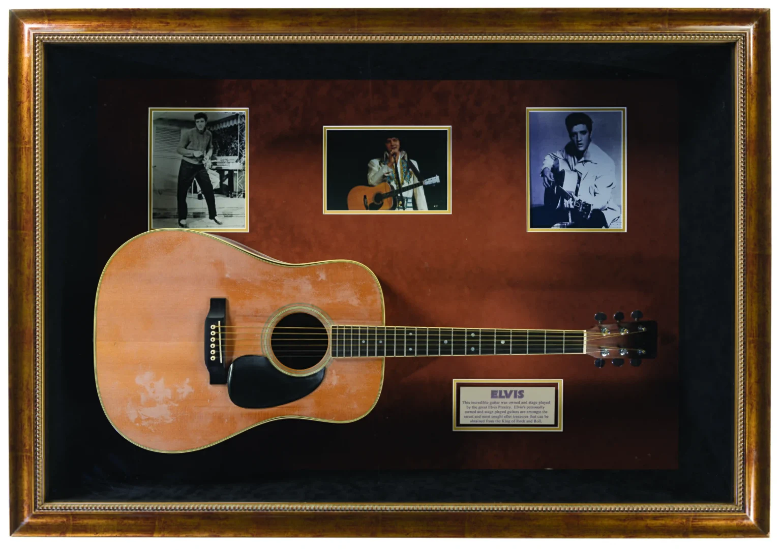 Elvis Presley's iconic Martin & Co. D-35 acoustic guitar, used in 1976 performances, is up for auction with bids expected between £11,600-£20,000. A collectible piece for music fans.