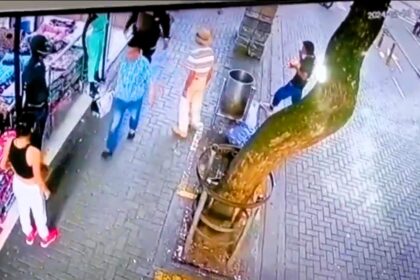 A have-a-go hero in Pereira, Colombia, knocked out a thief with a flying kick while an officer pursued the suspect for allegedly stealing a handbag, capturing the dramatic moment on CCTV.