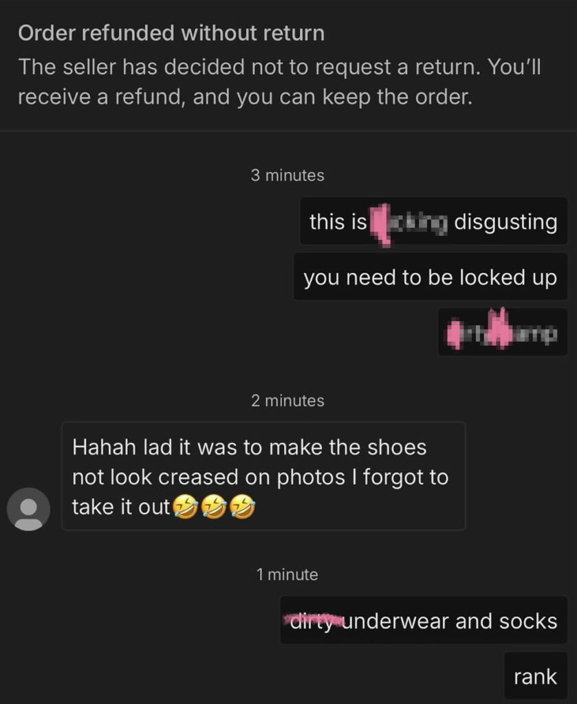 Shopper horrified to find knickers and socks stuffed in second-hand trainers bought online. The seller claimed they were used to prevent creasing in photos. Social media reactions were mixed.