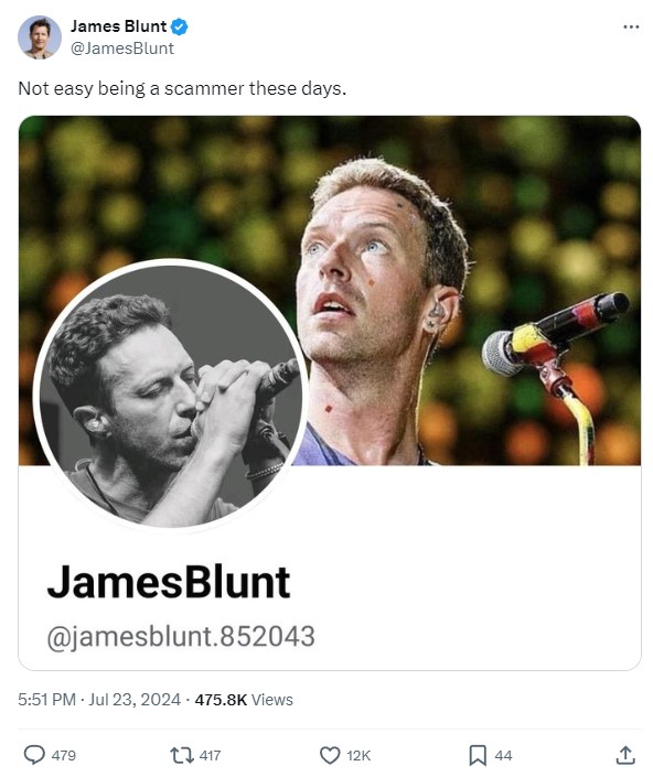 James Blunt exposed scammers using Chris Martin's photos on a fake account. The singer humorously called out the mistake on X, with fans joining in the laughter.