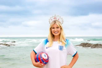 Miss England Milla Magee supports the Three Lions ahead of their Euro 2024 quarter-final against Switzerland. Posing in Newquay, the plus-size beauty encourages fans to unite behind the team.