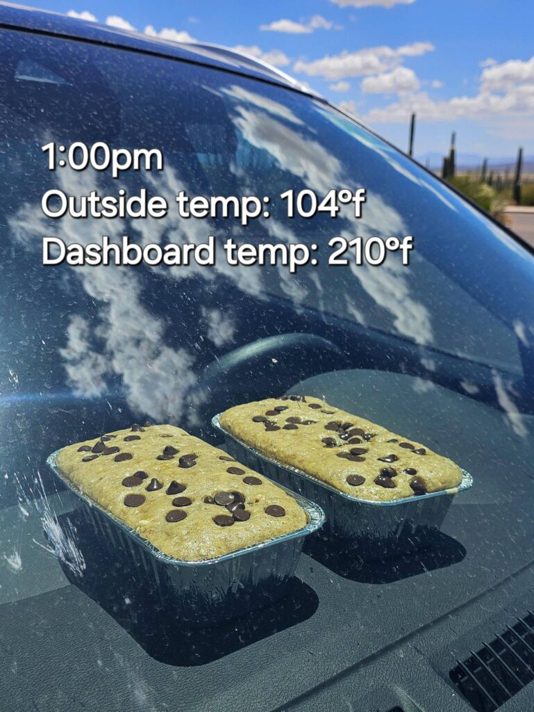 Park rangers bake banana bread on a car hood in record-breaking US heatwave, hitting 93°C. Experiment highlights dangers of leaving pets and kids in hot cars.