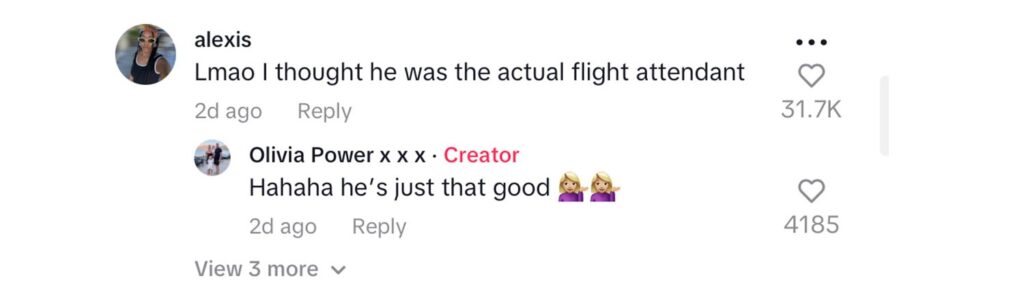 Social media comment on the post of Plane passenger hilariously helps cabin crew collect rubbish mid-flight after going to the loo, Olivia Power shares the viral moment on TikTok, garnering over 24 million views.
