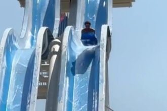 Terrifying moment caught on video as man nearly falls off a steep waterslide in South France. The TikTok clip, shared by his twin, has gone viral with over 4.1 million views.